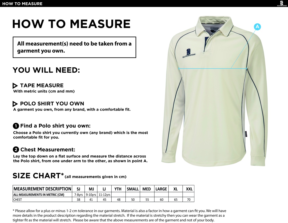 Staplehurst Cricket & Tennis Club - Premier Long Sleeved Shirt - Size Guide