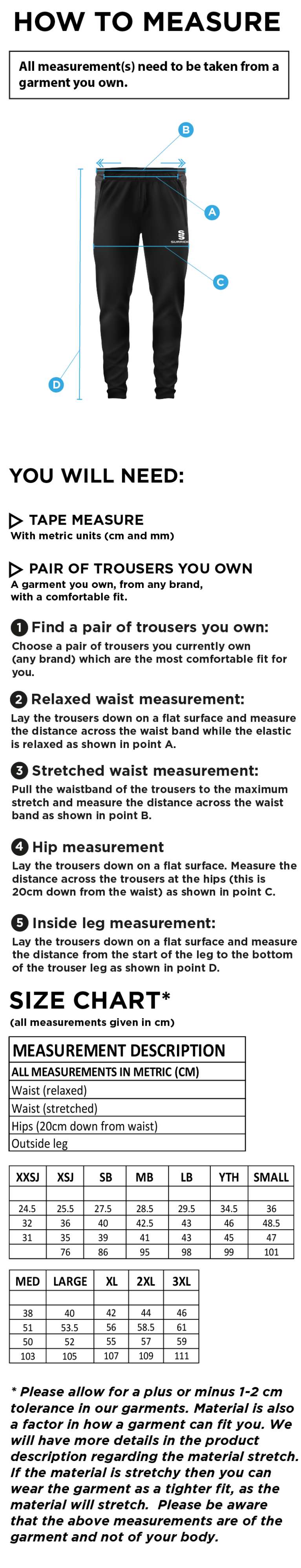 Staplehurst Cricket & Tennis Club - Tek Pants - Size Guide