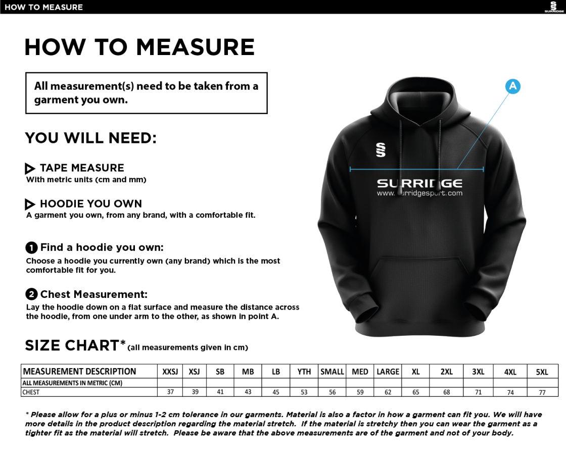 Staplehurst Cricket & Tennis Club - Fuse Hoody - Size Guide