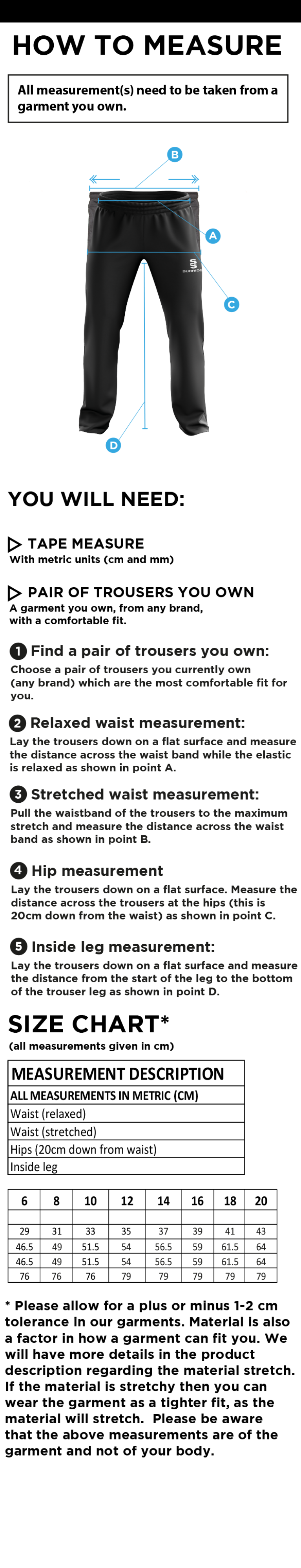 Staplehurst Cricket & Tennis Club - Women's Ripstop Track Pant - Size Guide