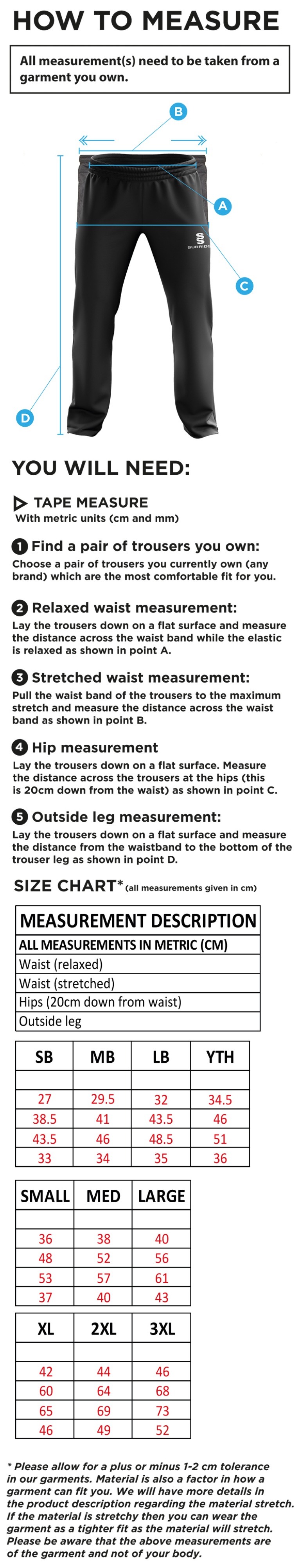 Staplehurst Cricket & Tennis Club - Ripstop Track Pants - Size Guide