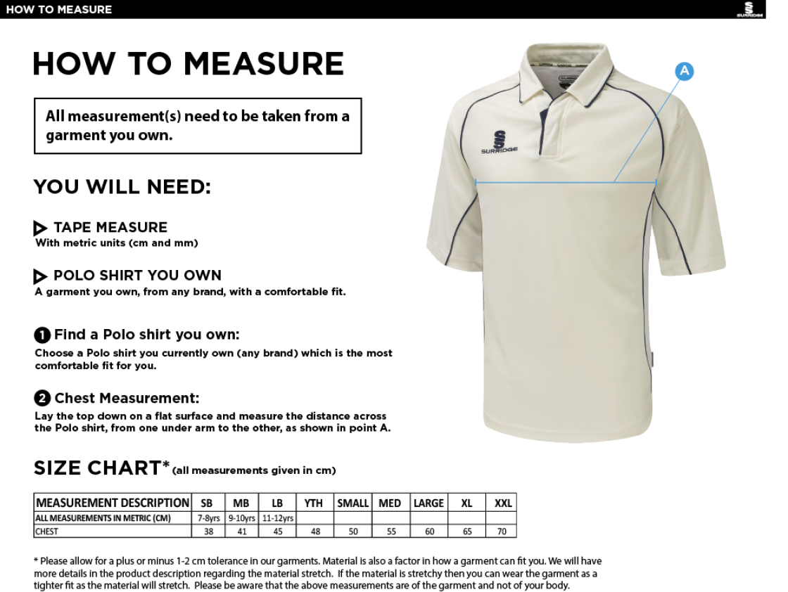 Staplehurst Cricket & Tennis Club - Premier 3/4 Sleeved Shirt - Size Guide