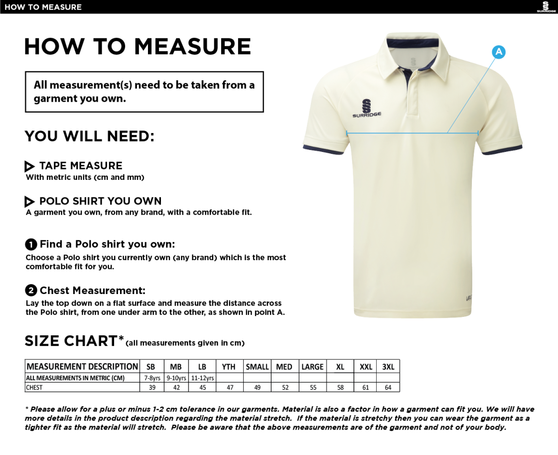 Staplehurst Cricket & Tennis Club - Ergo Short Sleeved Shirt - Size Guide