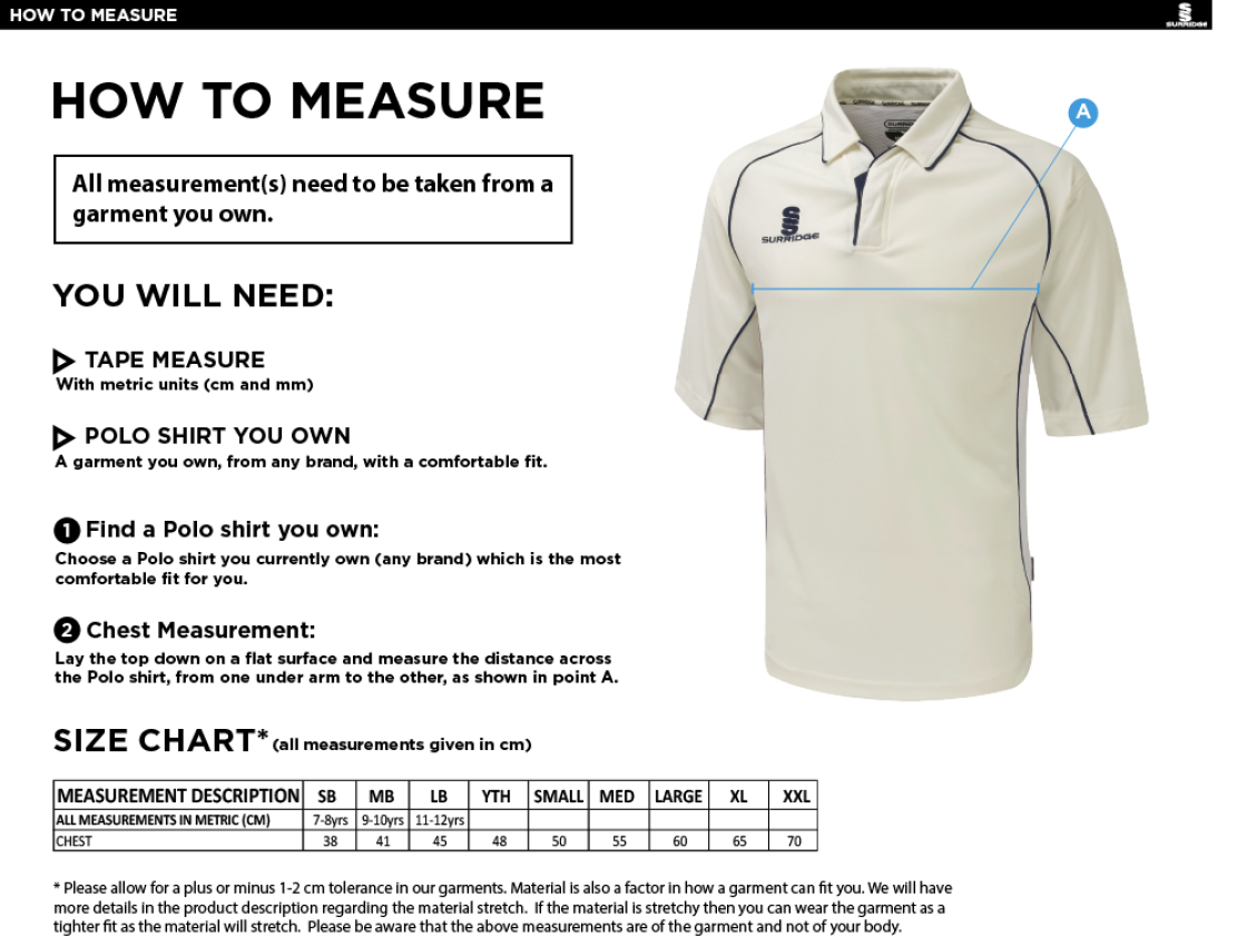 Staplehurst Cricket & Tennis Club - Premier 3/4 Sleeved Shirt - Size Guide