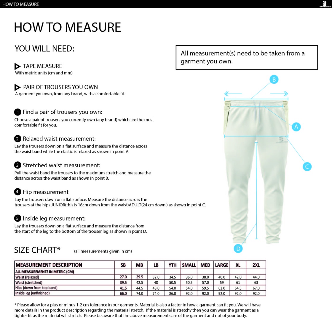 Staplehurst Cricket & Tennis Club - Blade Playing Pants - Size Guide