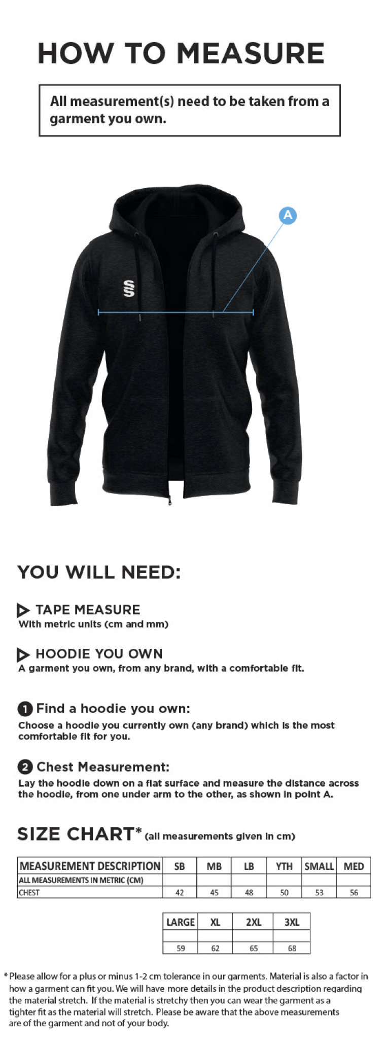 Staplehurst Cricket & Tennis Club - Dual Hoody - Size Guide