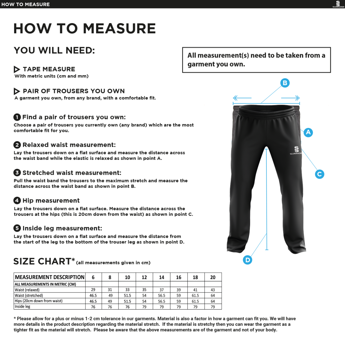 Staplehurst Cricket & Tennis Club - Women's Ripstop Track Pant - Size Guide