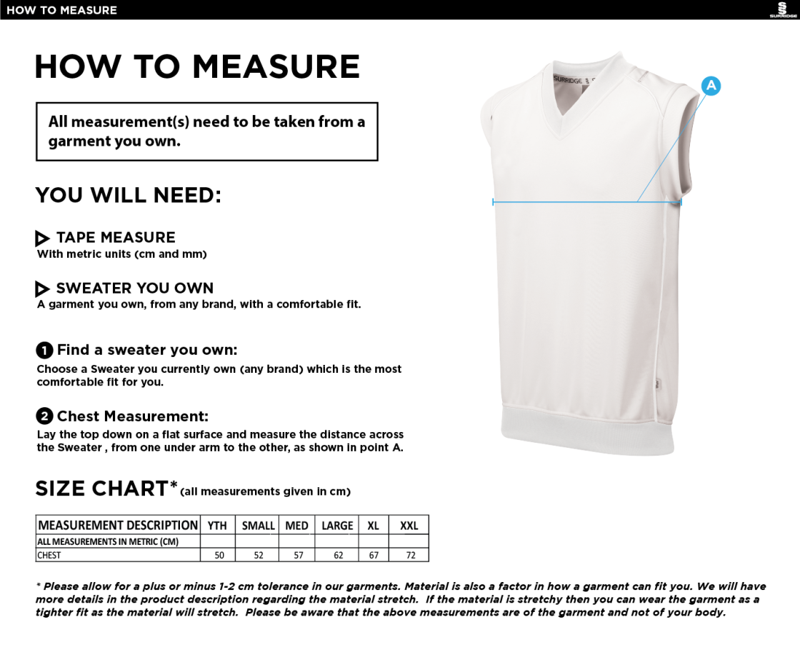 Staplehurst Cricket & Tennis Club Curve Sleeveless Sweater - Size Guide