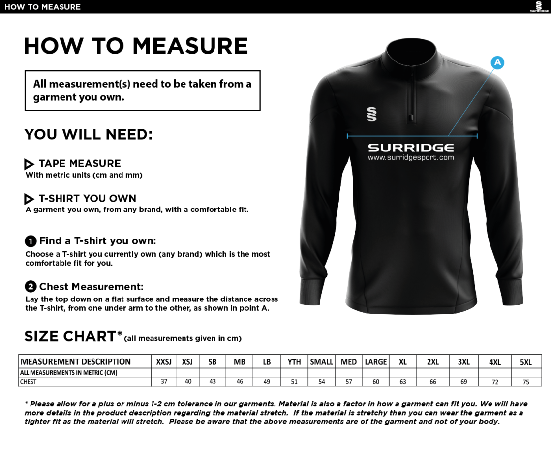 Staplehurst Cricket & Tennis Club - Blade Performance Top - Size Guide