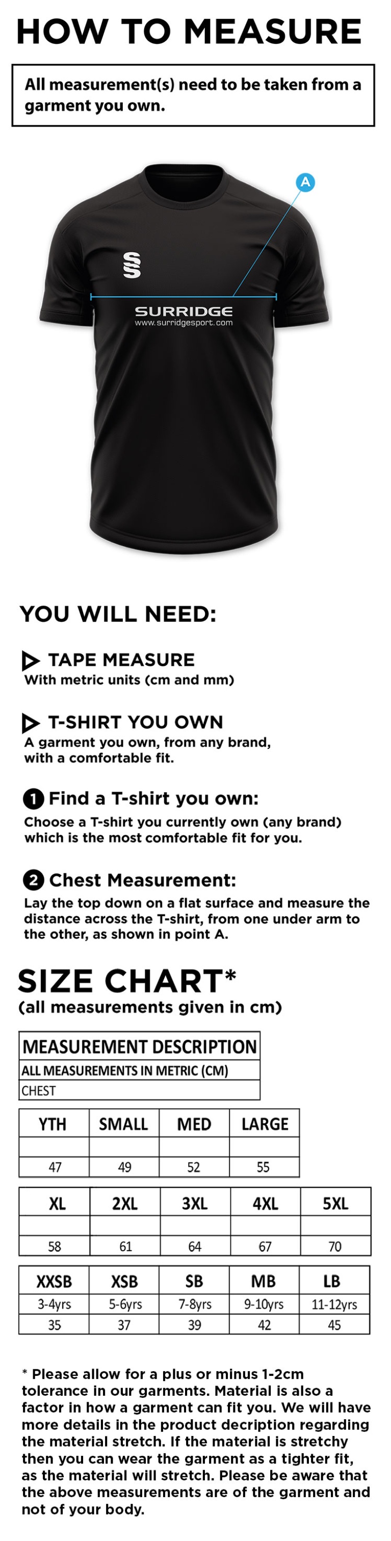 Staplehurst Cricket & Tennis Club - Dual Training Shirt - Size Guide