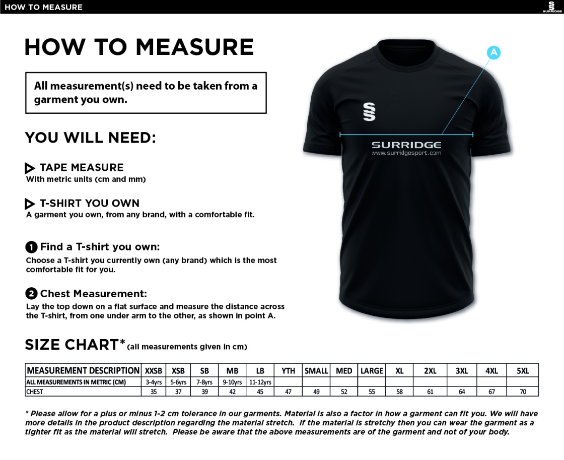 Staplehurst Cricket & Tennis Club - Dual Training Shirt - Size Guide