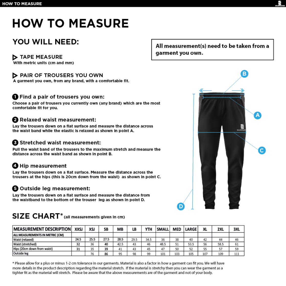 Staplehurst Cricket & Tennis Club - Tek Pants - Size Guide