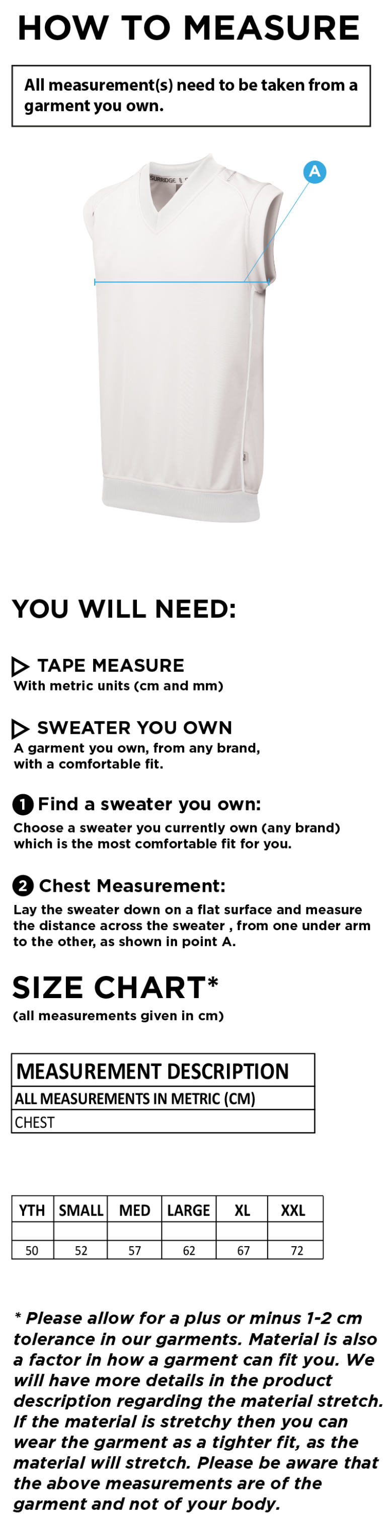 Staplehurst Cricket & Tennis Club Curve Sleeveless Sweater - Size Guide
