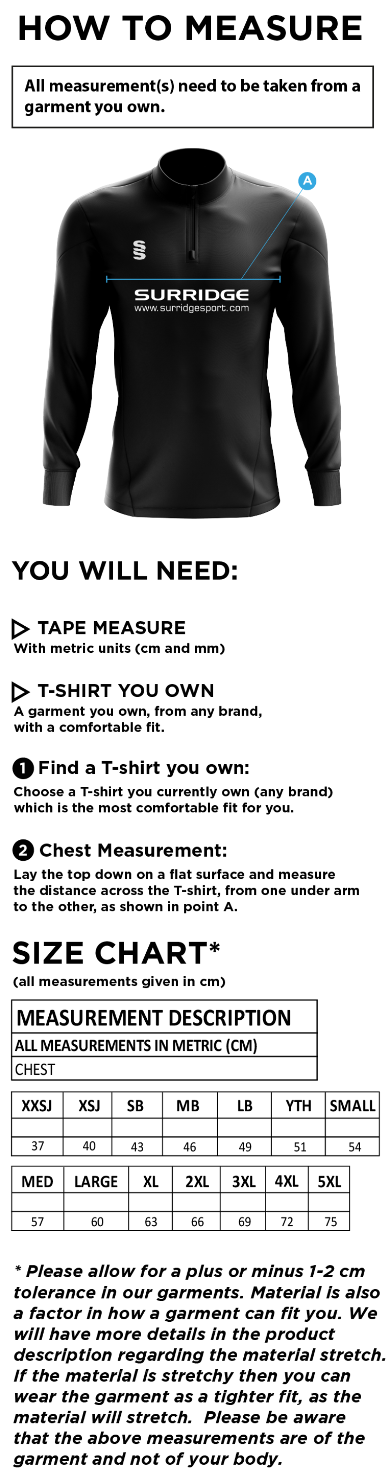 Staplehurst Cricket & Tennis Club - Blade Performance Top - Size Guide