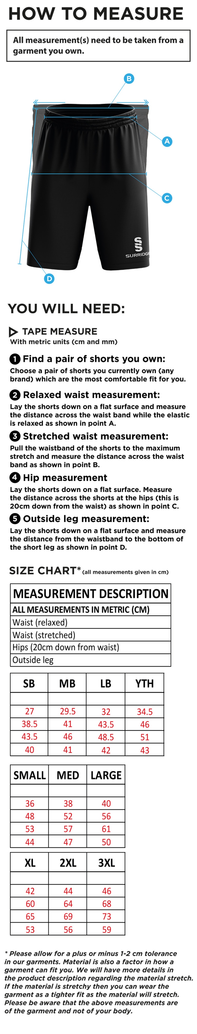 Staplehurst Cricket & Tennis Club - Blade Shorts - Size Guide