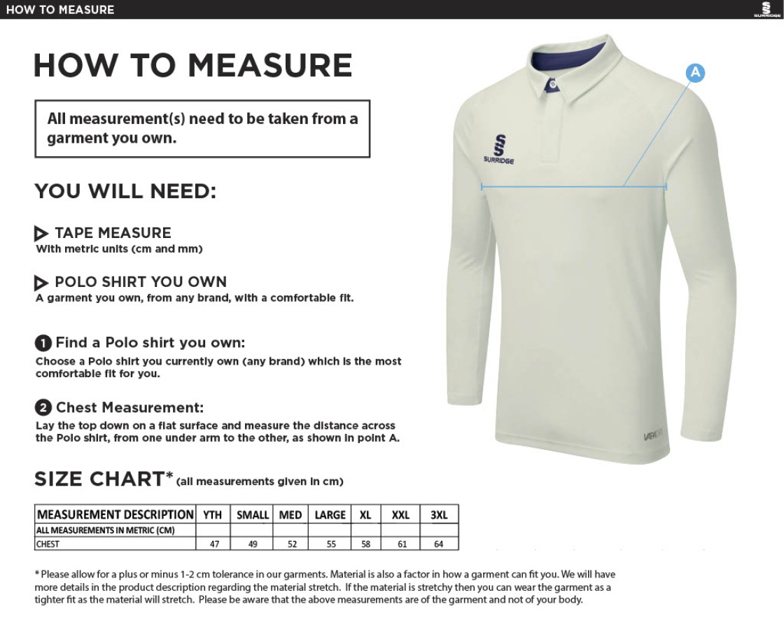 Staplehurst Cricket & Tennis Club - Ergo Long Sleeve Cricket Shirt - Size Guide