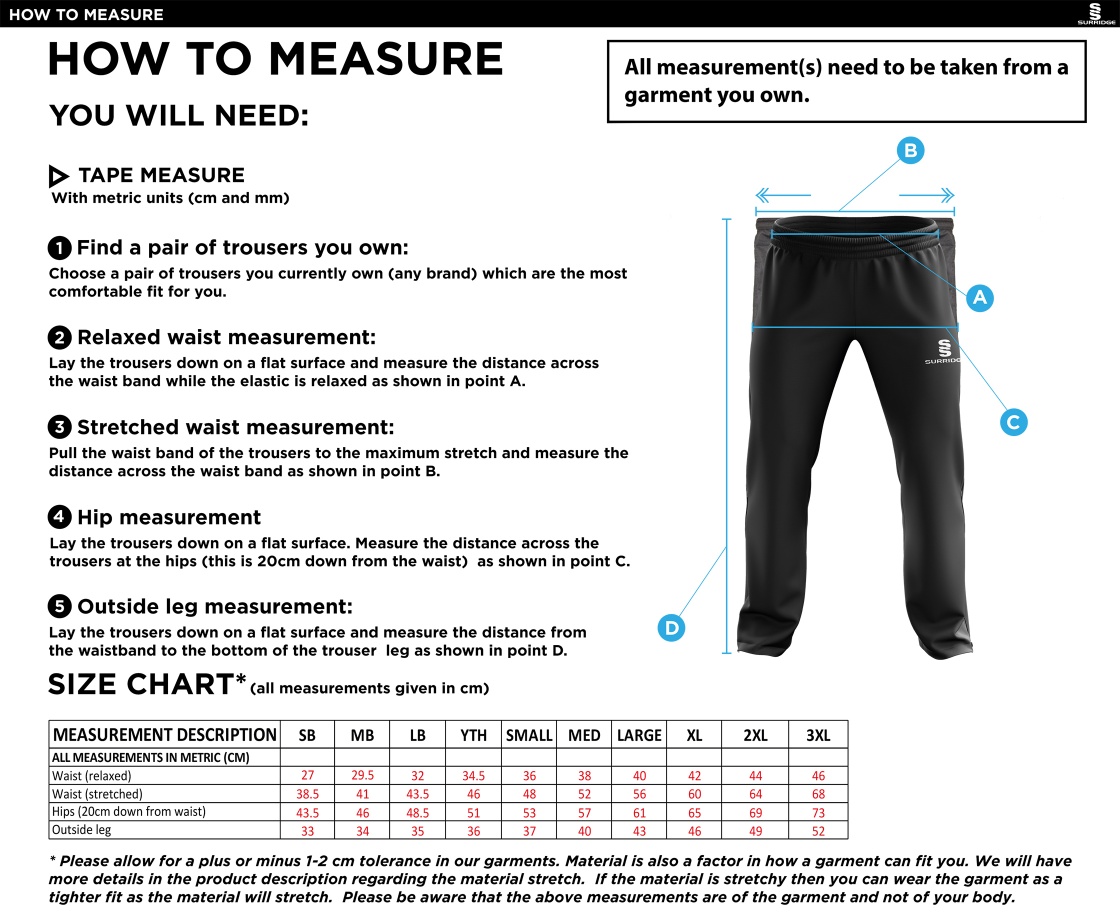 Staplehurst Cricket & Tennis Club - Ripstop Track Pants - Size Guide