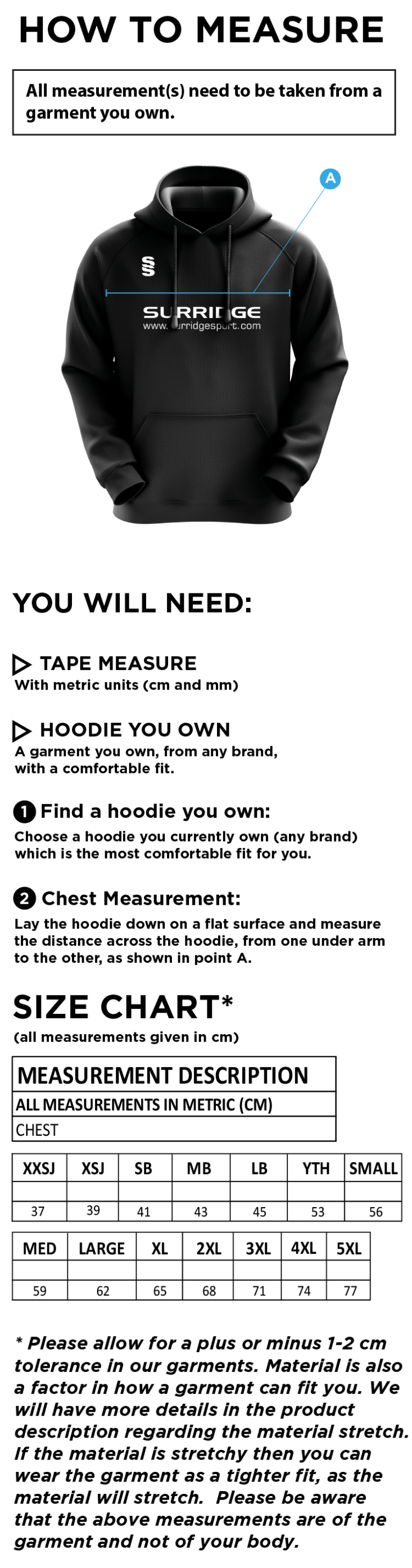 Staplehurst Cricket & Tennis Club - Fuse Hoody - Size Guide