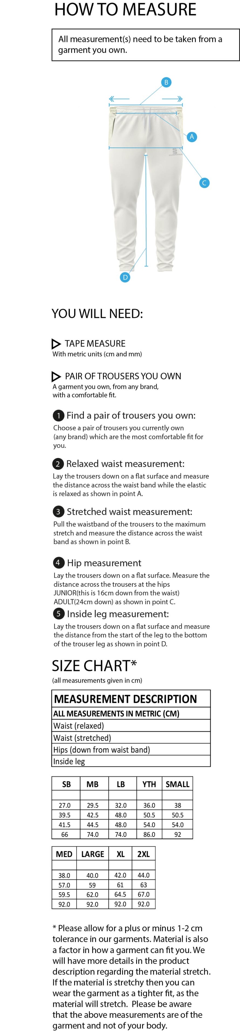 Staplehurst Cricket & Tennis Club - Ergo Playing Pant - Size Guide