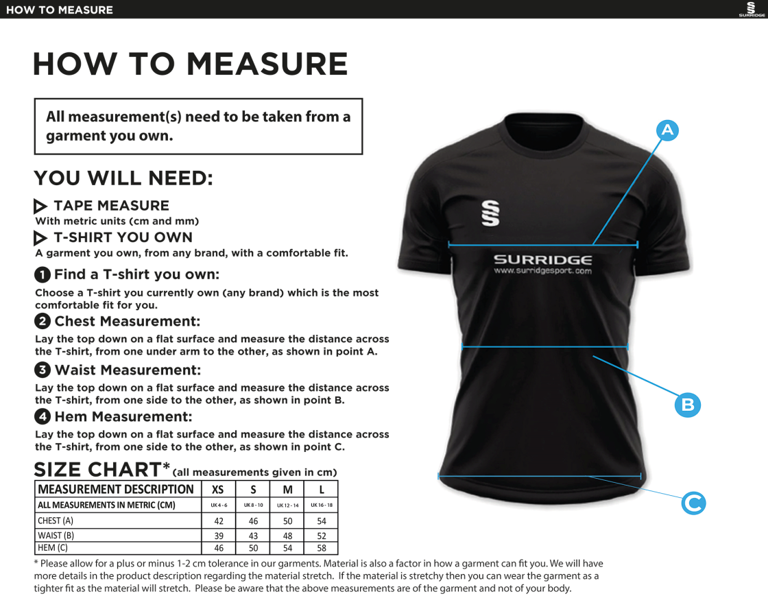 Staplehurst Cricket & Tennis Club - Women's Dual Shirt - Size Guide